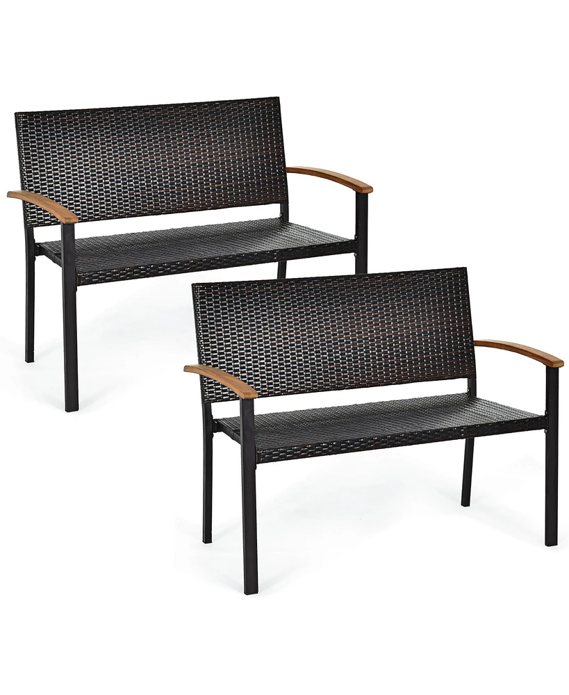 2 Pcs Outdoor Patio Rattan Wicker Bench Loveseat Chair Armrest Garden