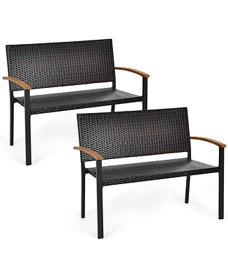 2 Pcs Outdoor Patio Rattan Wicker Bench Loveseat Chair Armrest Garden