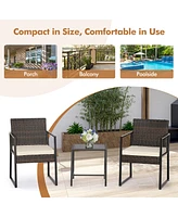 Gymax 3PCS Patio Rattan Hand-Woven Pe Wicker Bistro Set Outdoor Furniture Set w/ Table & Cushion