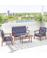 4 Pcs Patio Conversation Set Acacia Wood Sofa Coffee Table with Cushioned Seat