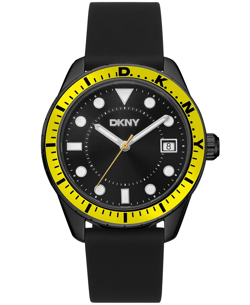 Dkny Men's Crosby Sport Black Dial Yellow Bezel Black Silicone Strap Watch 42mm
