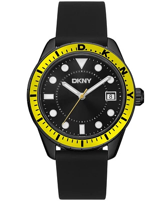 Dkny Men's Crosby Sport Black Dial Yellow Bezel Black Silicone Strap Watch 42mm