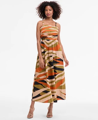 Msk Women's Cotton Pleated-Bodice Tie-Back Midi Dress