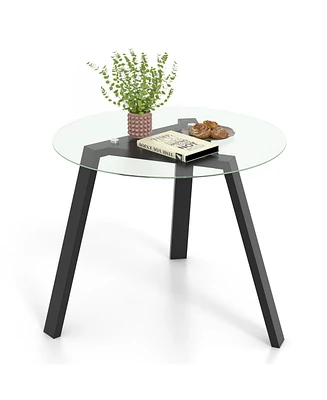 Round Glass Dining Table for 4 with Rubber Wood Frame