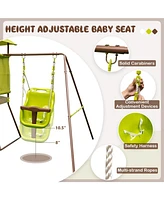Slickblue Boys 4-in-1 Swing Set with Covered Playhouse Fort and Height Adjustable Seat