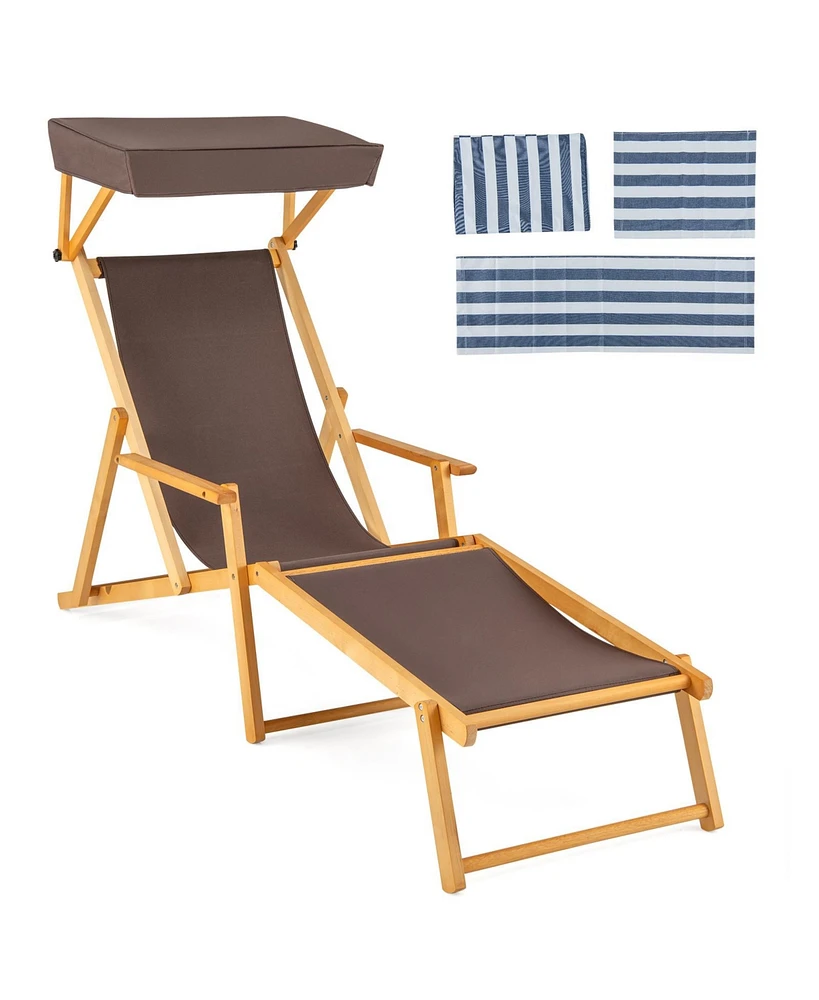 Birch Wood Chaise Lounge Chair Foldable Beach with Adjustable Canopy
