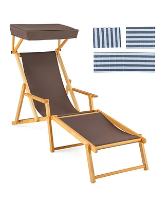 Birch Wood Chaise Lounge Chair Foldable Beach with Adjustable Canopy