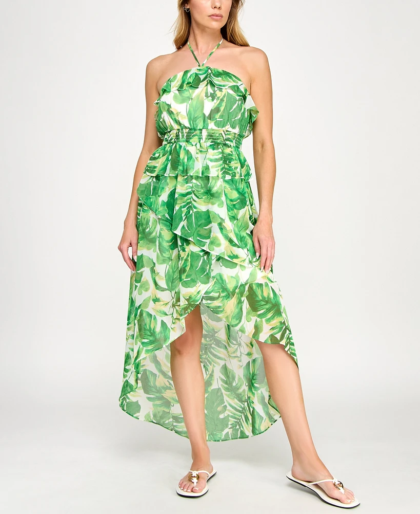 Bcx Juniors' Leaf-Print Ruffled Chiffon Dress