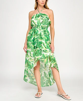 Bcx Juniors' Leaf-Print Ruffled Chiffon Dress