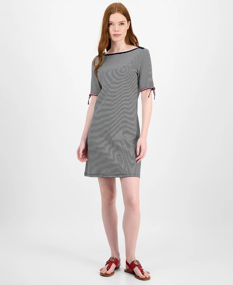 Tommy Hilfiger Women's Striped Cotton Boat-Neck Tie-Sleeve Dress