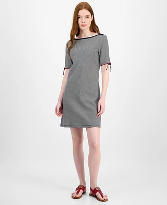 Tommy Hilfiger Women's Striped Cotton Boat-Neck Tie-Sleeve Dress
