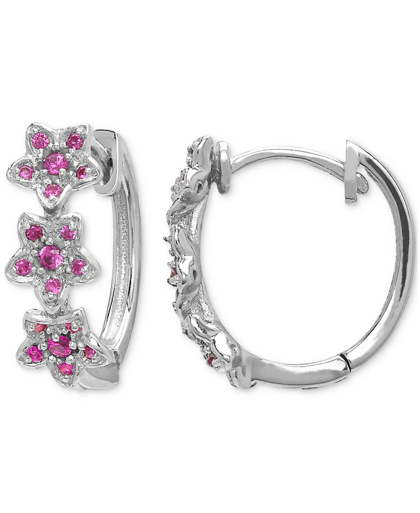 Lab Grown Pink Sapphire Flower Small Hoop Earrings (5/8 ct. t.w.) in Sterling Silver, 0.69"