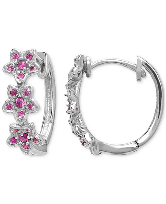 Lab Grown Pink Sapphire Flower Small Hoop Earrings (5/8 ct. t.w.) in Sterling Silver, 0.69"