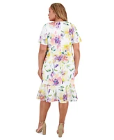 London Times Plus Twist-Front Ruffle-Hem Midi Dress