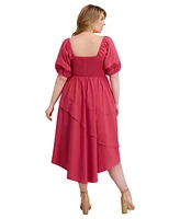 Siena Plus Puff-Sleeve Asymmetric-Hem Midi Dress