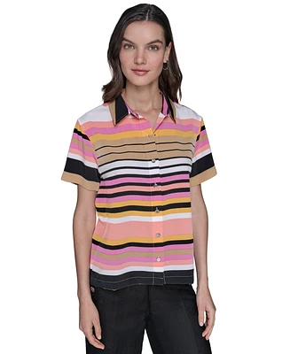 Karl Lagerfeld Paris Women's Conversational Striped Camp Shirt