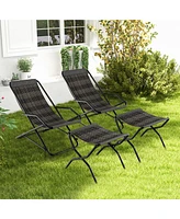 2 Pcs Patio Folding Rattan Sling Lounge Chair Ottoman Rocking Footrests Armrest