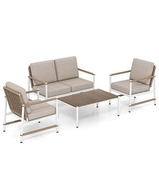4 Pcs Patio Furniture Set Patio Loveseat Sofa with a Coffee Table 2 Single Couch