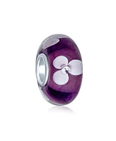 Bling Jewelry Set of 4 White Purple Flower Murano Glass Spacer Charm Bead Sterling Silver Core