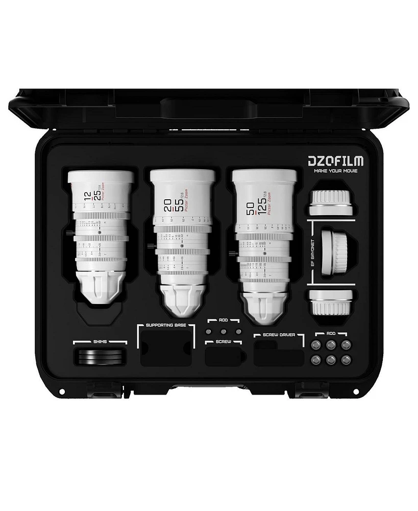 Dzofilm Pictor Zoom 12-25/20-55/50-125mm T2.8 Parfocal Cine 3-Lens Kit for Pl Mount and Canon Ef, White