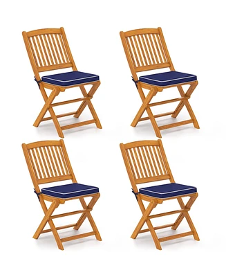 Outdoor Folding Chairs Set of 4 Acacia Wood High-Back Chair with Seat Cushions