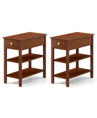3-Tier Narrow End Table Set of 2 – With Drawer and Storage Shelves for Bedroom or Living Room Organization