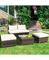 5PCS Patio Rattan Wicker Furniture Set Armless Sofa Ottoman Cushioned Garden