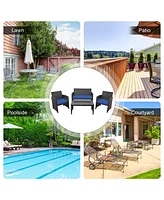 4PCS Patio Rattan Furniture Set Cushioned Chair Sofa Coffee Table