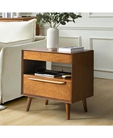 Jeraldo Mid-Century Modern 2-Drawer Nightstand with Built-In Outlets and Wooden Handle