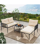 Gymax 3-Piece L Shaped Patio Furniture Set w/Tempered Glass Table Back & Seat Cushions