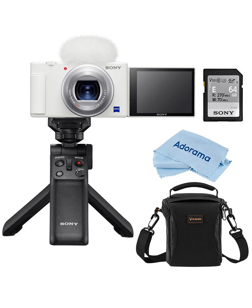 Sony Zv-1 Compact 4K Hd Camera, White, Bundle with Shooting Grip/Tripod, 64GB Memory Card and Shoulder Bag