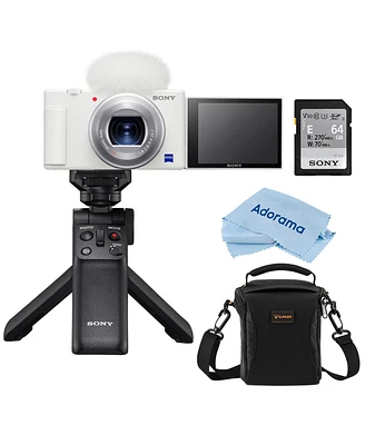 Sony Zv-1 Compact 4K Hd Camera, White, Bundle with Shooting Grip/Tripod, 64GB Memory Card and Shoulder Bag