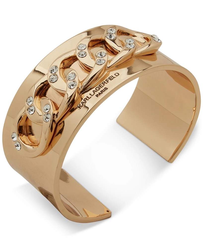 Karl Lagerfeld Paris Gold-Tone Pave Curb Chain Logo Cuff Bracelet