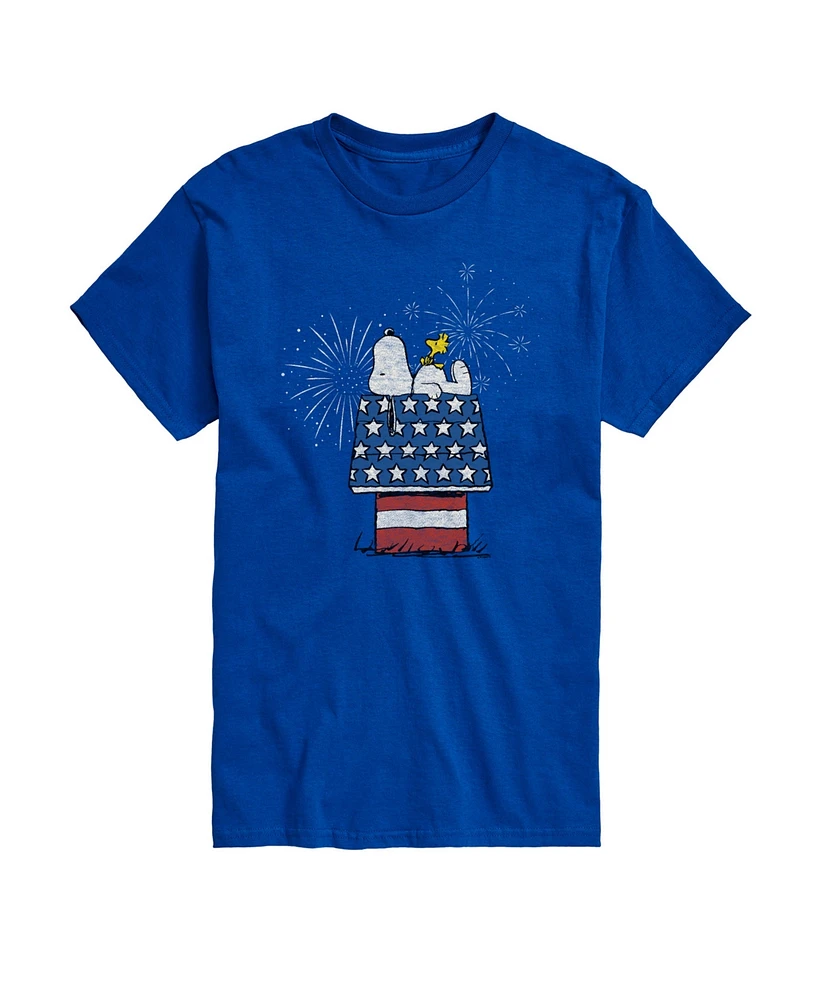 Airwaves Men's Peanuts Snoopy Flag House Fireworks Short Sleeve T-Shirt