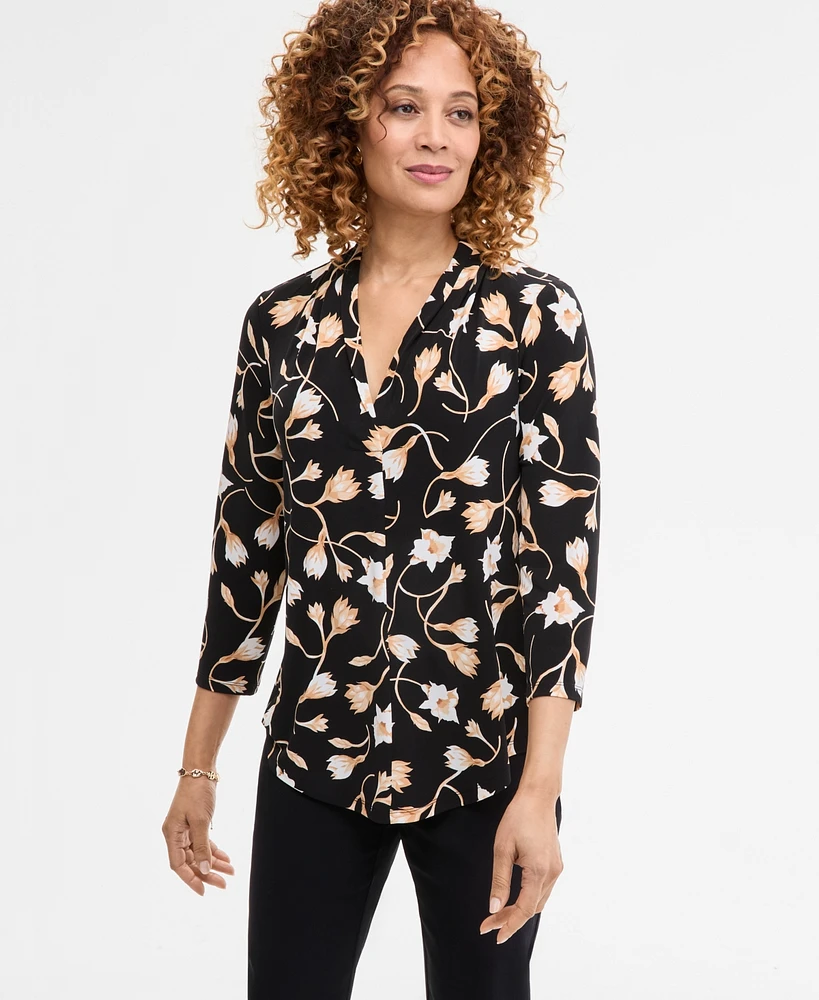 Jm Collection Women's Printed 3/4 Sleeve V-Neck Knit Top