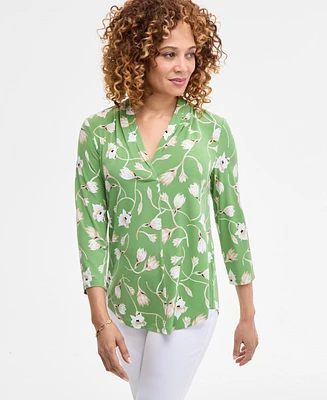 Jm Collection Women's Print & Solid 3/4 Sleeve V-Neck Knit Top