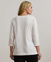 Lauren Ralph Women's Plus Split-Neck Three-Quarter Sleeve Cotton Tunic
