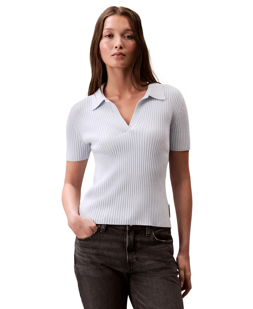 Calvin Klein Jeans Women's Cotton Ribbed Monogram-Logo Polo Top