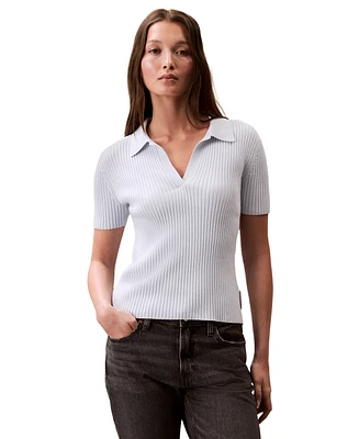 Calvin Klein Jeans Women's Cotton Ribbed Monogram-Logo Polo Top