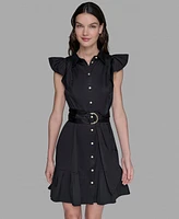 Karl Lagerfeld Paris Women's Flutter-Sleeve Belted Flounce-Hem Dress