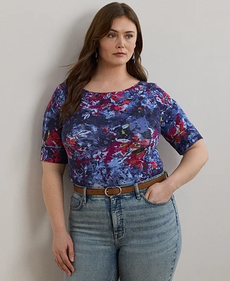 Lauren Ralph Plus Print Stretch Cotton Boatneck Tee