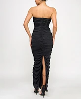 Seni & Cade Juniors' Ruched Strapless Metallic-Knit Gown