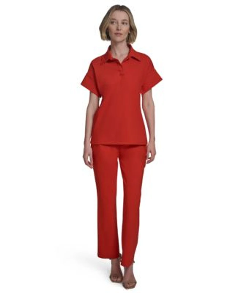 Halston Womens Compression Short Sleeve Polo Top Low Rise Straight Leg Hardware Pants