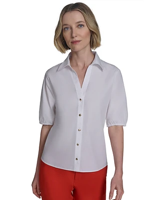 Halston Women's Cotton Elbow-Sleeve Button-Front Blouse