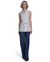 Halston Women's Cotton Tie-Waist Button-Front Sleeveless Blouse