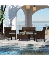 4 Pieces Patio Conversation Set, Patio Pe Rattan Outdoor Set w/