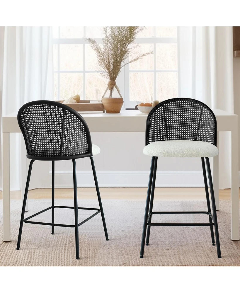 Set of 2 Rattan Back Counter Stools, Modern Boucle Bar Stools with Metal Legs for Kitchen Island-Maison