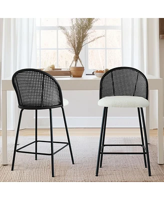 Set of 2 Rattan Back Counter Stools, Modern Boucle Bar Stools with Metal Legs for Kitchen Island-Maison