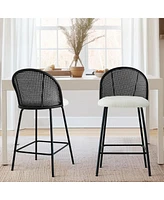 Set of 2 Rattan Back Counter Stools, Modern Boucle Bar Stools with Metal Legs for Kitchen Island-Maison
