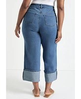 June + Vie Plus Wide-Leg Cropped Cuffed Jeans